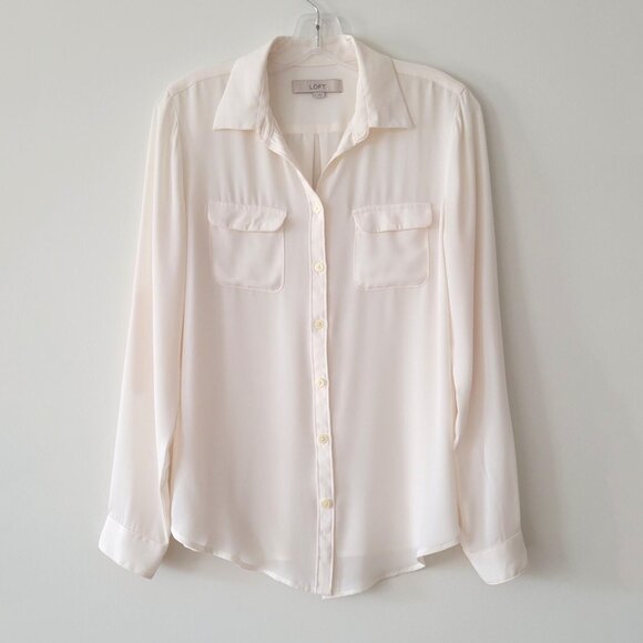 Loft Button Down Cream Off-White Pocket Adjustable Sleeve Blouse Shirt - Small - Picture 1 of 14